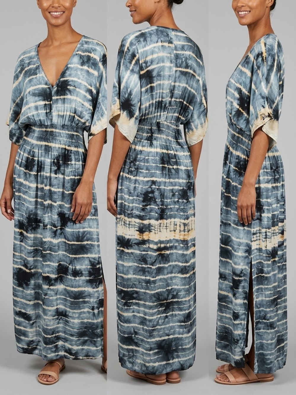 Blue and Cream Tie-Dye Maxi Dress with V-Neck